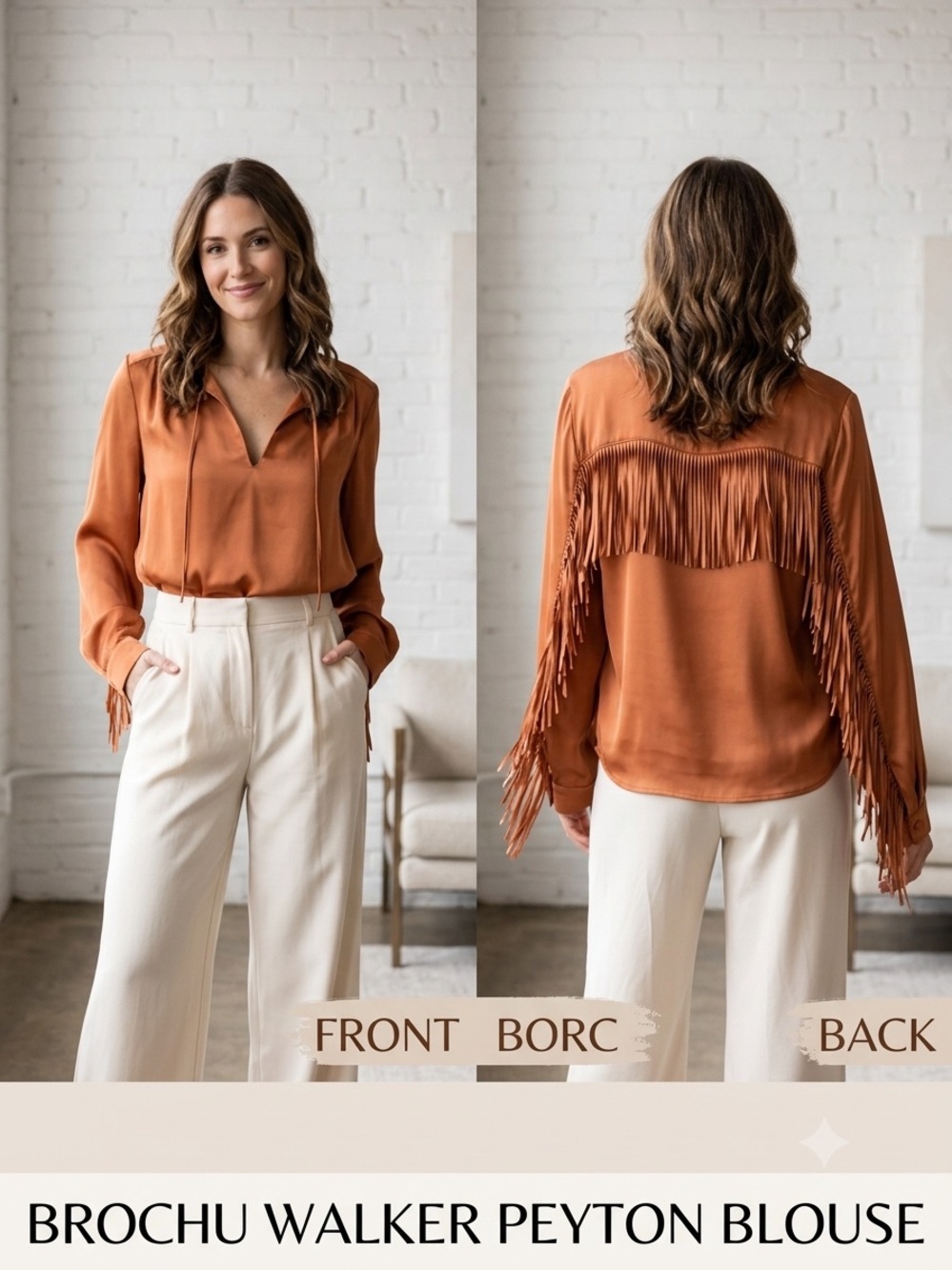 Brochu Walker Peyton Fringe Charmeuse long sleeve blouse Clay Orange Rust large